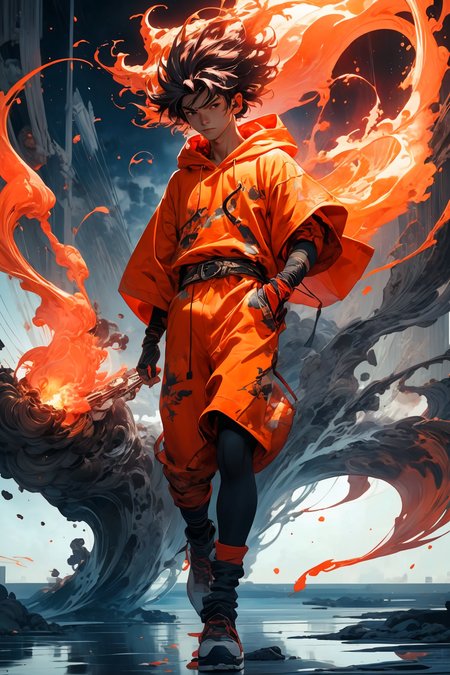 masterpiece, best quality, 1boy, skinny, intricate detail, flame headwear, headphones, brown eyes, feet out of frame, wind, floating hair, flame, gloves, Orange hoodie with flame print, anime screencap, aura,
<lora:more_details:0.4>
 <lora:Cosmic anime-oil fusion v2:0.4> 
<lora:AnimeVibesV3:0.25> animevibes, 
<lora:3DMM_V11:0.5> 3DMM 
<lora:midjourney_20230624181825:0.4> midjourney ,
 <lora:LAS:0.25> colorful, clouds, 
<lora:msw_locon-t2:0.45>
 <lora:wuxia2:0.5> gu, shiny, shiny hair, shiny skin, shiny clothes