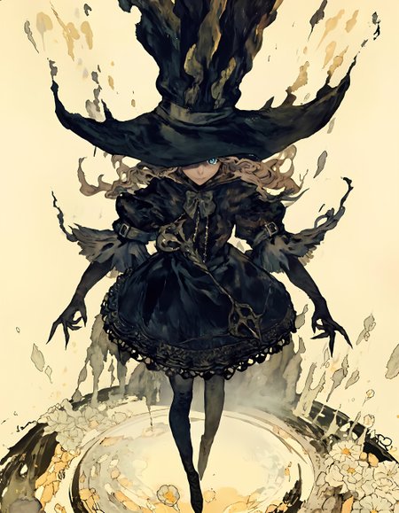 masterpiece, high quality, high sketch art, manga style, a darksoul girl, color ink art, from above. (magehat:1.0), 8k uhd, hyperrealism, hyperdetailed illustration style, Bauhaus style, light yellow background,
