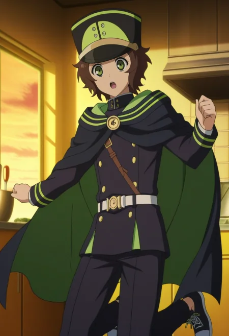 masterpiece, best quality, anime screencap, official style, anime coloring, cowboy shot, 1boy, solo, male focus, <lora:yoichi_saotome_ilxl:0.98>, yoichi_saotome, brown hair, green eyes, short hair, military uniform, military hat, black cape, black shirt, black pants, upper body, kitchen, dawn, jumping, :o, Coral Pink Pleated golf pants, Sweater, High-top sneakers, , and