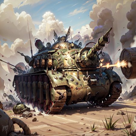 <lora:bronzepunkai2:.9> bronzepunkai battle tank on battlefield