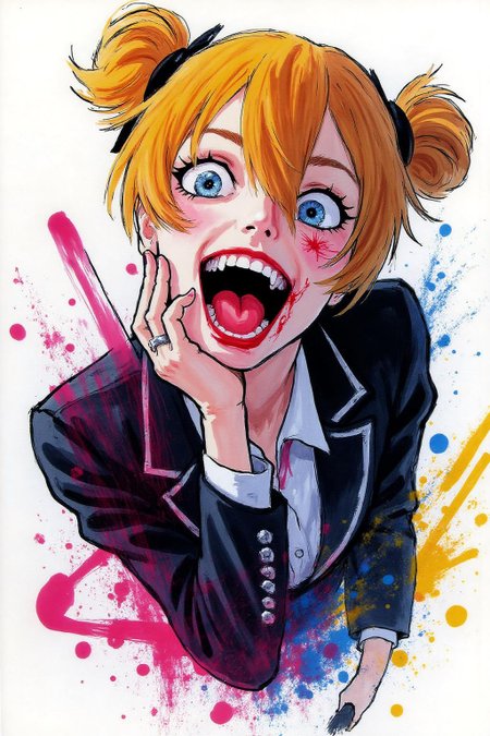 regr1 sketch masterpiece, best quality, amazing quality, very aesthetic, absurdres, newest, scenery, 1girl, toga himiko, teeth, open mouth, blood on face, smile, double bun, crazy eyes, holding knife, hand on own cheek, upper body, school uniform backlighting, from above, dutch angle, , close-up, photorealistic, dutch angle, (colorful), from above, (((paint splatter))),fisheye, , masterpiece, best quality, amazing quality, very aesthetic, absurdres, newest, scenery, volumetric lighting 
background is stark white <lora:regr2_fashion_nocap_d6a3:1.0><lora:807703123243276508:0>