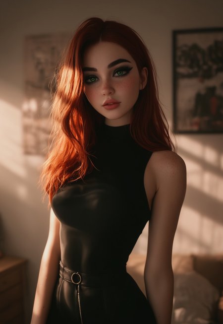 safe_pos, score_9, score_8_up, score_7_up, masterpiece, best quality, expressive, 1girl, toned body, fit, pale skin, long red hair, natural breasts, green eyes, (long black eyelashes:1.5), (dark eyeliner:1.5), glossy pink lips, (freckles:1.2), 
messy bedroom, posters on the wall, lava lamp,
black choker, (small waist:1.7),
dappled lighting, god rays, volumetric lighting, ((standing)), goth, wide hips, narrow waist, horny, blushing, ((view from side)), goth, looking at viewer, tight black dress,
 (8k uhd:1,4)
 <lora:add-detail-xl:1>
 <lora:Dynamic Poses:1>