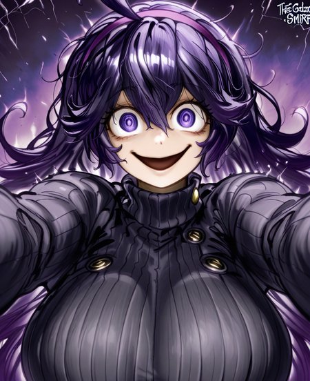 <lora:thegoldensmurfILLUS:1> thegoldensmurf,
(masterpiece), (best quality), (ultra-detailed), amazing quality, very aesthetic, illustration, perfect composition, intricate details, absurdres, incredibly absurdres, shiny skin, realistic,
 thegoldensmurf, 1girl, alternate breast size, breasts, purple hairband, solo, hairband, long hair, smile, purple hair, looking at viewer, ahoge, open mouth, dress, purple eyes, hair between eyes, turtleneck, ribbed sweater, upper body, sweater, huge breasts, crazy eyes, , messy hair, crazy smile, large breasts, kabedon, sensitive