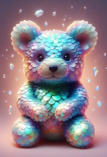 Glass and crystal teddy bear sculpture, lit from within, full body digital portrait, luminance, elixir glow, crystalcore technique, illuminated with soft colors, wide shot capturing the epic atmosphere, uncanny realism with Unreal Engine, trending on ArtStation, inspired by Katherine Stone and Harry Clarke, embodying pure perfection with a divine presence, volumetric light casting auras and rays, unforgettable impression, breat