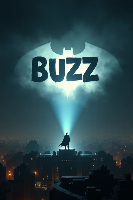 A hyper-realistic, surreal night scene reminiscent of a Batman movie, where a powerful spotlight beams up from the city's ground, cutting through the dark sky. The beam forms the word 'BUZZ' in bold, glowing letters across the clouds, similar to the iconic Bat-Signal. The city below is intricately detailed, with shadows and lights creating a dramatic, cinematic atmosphere. The scene captures the mystery and intensity of the moment, blending reality with a fantastical, heroic vibe."BUZZ" in black surrounded by light, brightly lit city,text blends into surrounding materials, The text has 60% transparency effect and the edges of the font are uneven,