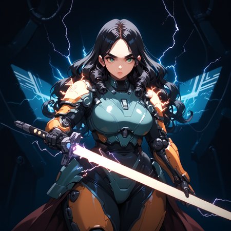 PonyScores7, source_anime, ah1, 1girl, (curly hair), long hair, (black hair), mature female, (parted hair), (round face:1.2), (no_bangs), (no_fringe), (thick eyebrows), (curvy), round-chin, (greenish hazel eyes), caucasian, (downturned eyes:1.2), (plump face), <lora:ETO_OCPonyXL:0.7> eto_oc, skindentation, (plump:1.2), thick thighs, wide hips, busty, voluptuous, kinky curls, lips, bad-hands-5, <lora:venus body PonyXL:0.6>, <lora:xl_more_art-full_v1:0.2>, <lora:shinyskin2:0.2> glistening skin, <lora:aesthetic_anime_v1s:0.2>, <lora:Expressive_H:0.2> Expressiveh, <lora:hairdetailpxl:0.2> hairdetailpxl, <lora:EpicF4nta5yXL:0.2>, <lora:detailxl:0.2> detailxl, <lora:Fant5yP0ny:0.2>, best quality, amazing quality, best aesthetic, absurdres, <lora:expressive eyes:0.2> expressive eyes, <lora:eyedetailpxl:0.2> eyedetailpxl, illustration, Volumetric_Lighting, ultra-detailed, very aesthetic, intricate details, 8k, masterpiece, best_quality, (Tranquil, Free from disturbance; calm), (Dutch Angle (from behind) view Extreme Close shot (focus on knees)), (Artificial Planet), <lora:Eyes_High_Definition:0.2> EyesHD, looking at viewer, <lora:Pony_Mecha_Knight_-_By_HailoKnight:0.7> sci-fi, (wearing crocodile mecha armor), (((holding a glowing sword))), sci-fi, hkmecha, AS-MidAged, <lora:Plasma_Sword:0.8> (((Plasma Sword, Holding Plasma Sword, sparks, electricity))), (((wireframe mosaic, wireframe, mosaik, acrylic, hologram, holographic))),