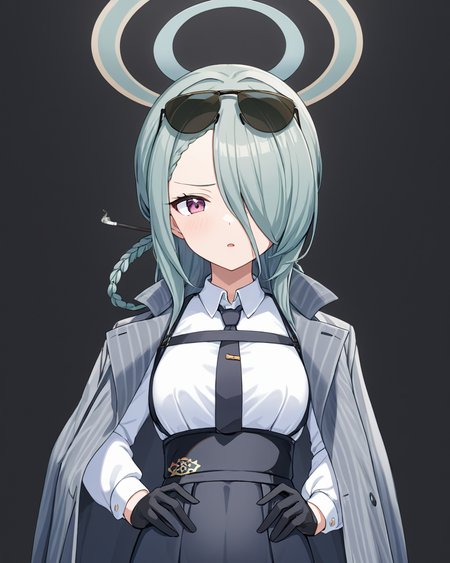 mina \(blue archive\),1girl, solo, eyewear_on_head, black_gloves, sunglasses, hair_over_one_eye, white_shirt, open_mouth, black_necktie, halo, looking_at_viewer, jacket, hand_on_hip, black_skirt, braid, two-tone_background, holding_cigarette, white_background, long_sleeves, collared_shirt, medium_breasts, simple_background
<lora:mina_(blue_archive)_image245_2023-11-28-000025:1>halo. gorgeous,key visual, vibrant, studio anime,award-winning, professional, highly detailed,high budget, cinemascope