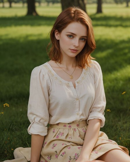 intense stare at viewer, large round eyes, wide cinematic establishing shot seductive young woman sitting having picnic under tree, (bra, young adult irish redhead:1.15), (style of Alessio Albi:1.4), Realist Portraiture, Soft Lighting, Emotional Depth, Simple Compositions, (Layered Depth, Soft focus foreground, Painted Scenery:1.1), alluring feminine physique, 24yo B34U71FU1_CA3LIA attractive irish redhead, short backlit hair, perfect face, thin upper lip, pouting lower lip, thin brows, small upturned nose, bow-shaped lips, large expressive almond shaped eyes, Raised Eyebrows, Focused Gaze, eager expression, quaint farm setting, (relaxed country woman), (tight unbuttoned shirt, thin material), subsurface scattering, classic cotton, soft pastel, intricate embroidery collar cuffs, rolled-up sleeves revealing sun-kissed forearms BREAK (blanket:1.15), rich textures, patchwork design, vibrant colors, detailed stitching, homely aesthetic (skirt), elegant rustic charm, subtle floral pattern, linen, sways breeze BREAK ((wildflower wreath)), crown delicate chain necklace, small, intricate pendant, heart-shaped with floral theme, glowing subtly in the soft light, ethereal quality, [lens flare glinting], (mischievous yet content expression), lush green fields in the background, (soft, sunlit ambiance), simple leather boots, carefree hair  <lora:kodak_ultramax_400:0.8> golden hour, soft golden light, pastel sky, relaxed posture, natural smile, earthy colors, candid moment, trees and flowers in background, leading lines, depth of field, slightly off-center framing, warm tones, cinematic look, natural setting, editorial style, soft textures, subtle lighting, peaceful mood