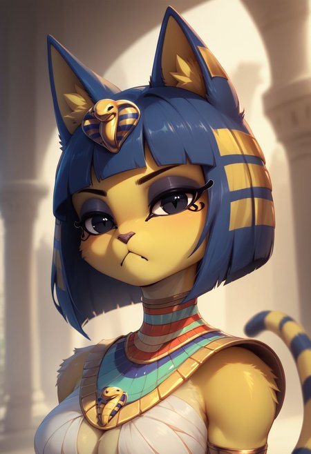 score_9, score_8_up, score_8, source_furry, 1girl, furry, cat girl, ankha, solo, cybrk, egyptian, scifi armor, looking at viewer with bored black eyes,  snake hair ornament, blurred background, Expressiveh