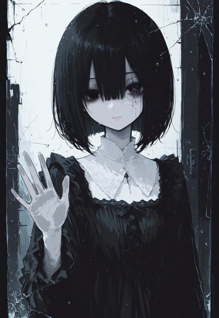 masterpiece,  best quality, good quality, very awa,  very aesthetic, absurdres, newest, 8k, HDR, focused subject, oc-chan_(ketopon), 1girl, solo, black hair, bob cut, hair between eyes, black eyes, solid eyes, expressionless, gazing at viewer, pale skin, goth fashion, frilled dress, high collard,lace trim, square neckline,upper body, straight on, indoors, standing behind window, looking out of window, cracked, (cracked glass on eye level:1.3), pressing one hand against window, open hand, backlighting, raindrops on glass, portrait, close up, from outside, blending, volumetric lighting, dithering,shot from outside, dark theme,chromatic aberration, limited palette, no lineart, no outline,painterly, blending, flat color, 15546+456868, r17329_illu,