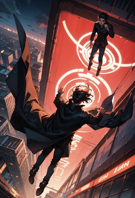 (score_9, score_8_up), score_7_up, 2boys, long black coat, tears, black hair, eyelashes, water droplets, cityscape, from above, high above, falling down, arms out, floating black cape, floating hair, falling,  dynamic, dutch angle, blurry background, depth of field, DOF, red theme, night sky, gritty, dark lighting, cloudy, sparkles, chaotic, Cinematic quality rendering, Dynamic composition
<lora:DetailedEyes_V3:0.5> <lora:add-detail-xl:0.5>