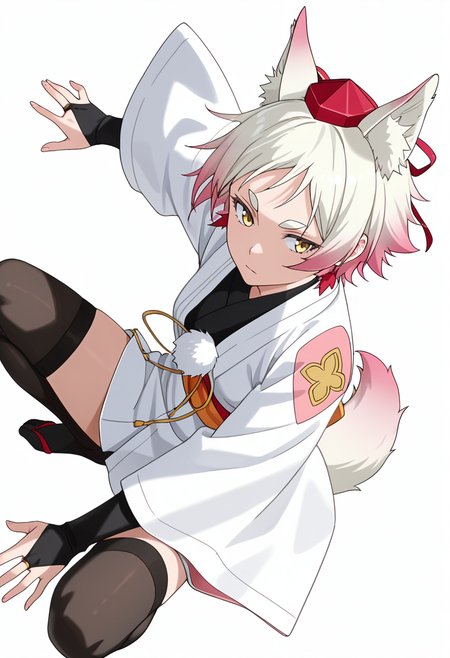 Smooth Quality,masterpiece,very intricate, high quality details, ultra realistic, high detailed skin,detailed enviorement,absurdres,
simple background, white background,solo,
crouching, one hand on ground, other on knee, intense gaze, balanced stance,  ,sideways,lonely,
 <lora:Momiji_cnn:0.8> momijicnn,1girl, wolf ears, yellow eyes, white hair, pink hair, short hair, gradient hair, thick eyebrows,tokin hat, japanese clothes,white kimono,sash, black thighhighs, long sleeves, bridal gauntlets,earrings, pom pom (clothes), tail,
