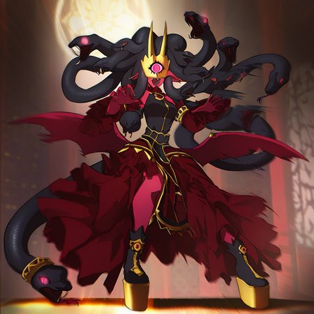 highres, best quality, masterpiece, very aesthetic, newest,1girl,solo,medusamon,snake hair,black snakes,golden horned mask,single eye,pointy ears,fangs artist:sorrowny <lora:MedusamonIllus:1> full body,dress,low wings,tail,platform footwear,motion lines,fighting stance,glowing eyes,aura,black aura,focused,indoors,fighting arena