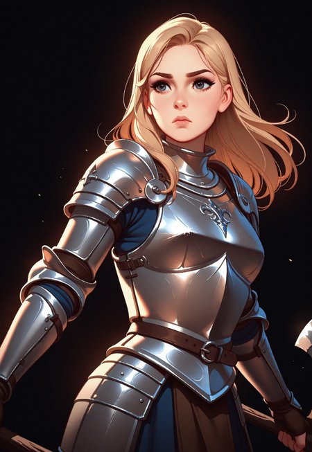Tsuaii, flat colors,high detailed, high quality, masterpiece, 
 1girl, upper body, (black background), dynamic lighting, standing, holding an axe, battle stance,
simple steel breastplate, medieval, knight, full plate armor,