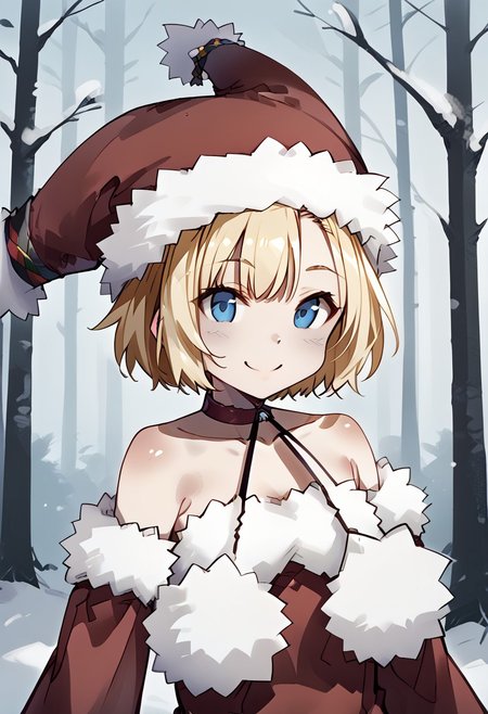 Witch, solo,fur-trimmed sleeves, hat, pantyhose, fur-trimmed dress, fur-trimmed red
clothes, fur-trimmed headwear, fur-trimmed boots , red footwear, bare shoulders, pom pom \(clothes\), choker, detached sleeves,kind smile,cheek,upper body,close-up face,outdoor,forest,