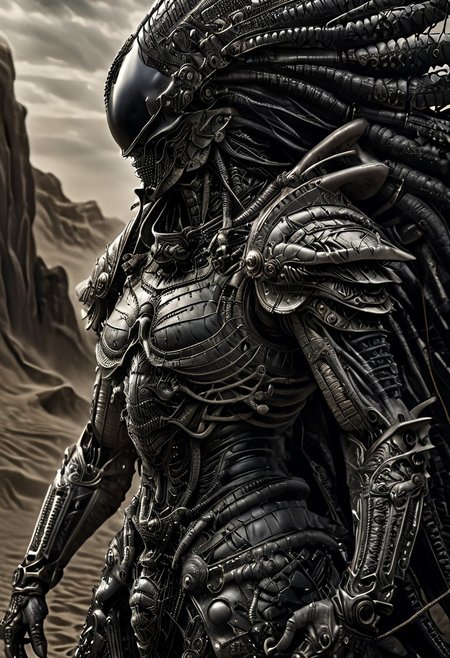 stunning, magnificent, HD, photorealistic, samurai, dramatic lighting, solo, standing alone in a desert, intricate details, intricate armor, intense gaze, mythical, legendary, powerful, ((dark, evening)), cinematic, close-up, art by hr giger,
 armor, science fiction, no humans,
 vintage painting,painting,realism,Americana art,artistic style