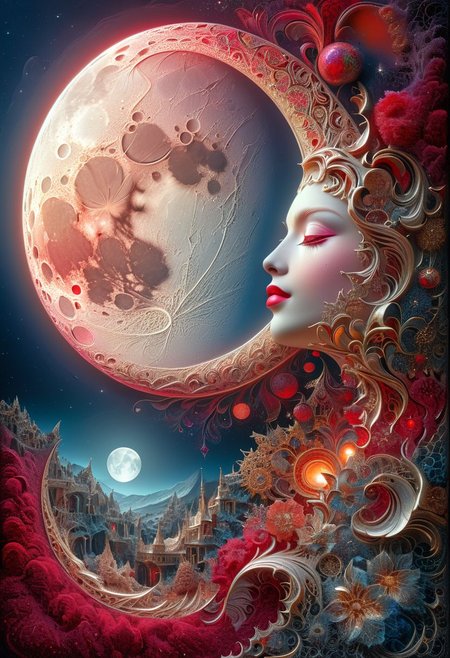 Masterpiece, 8k, sharp image, highest-quality, intricate details, beautiful moon adorned in red velvet, colorful patterns fill the scene, fractal, highly detailed, micro-details, micro-details within the micro-details, sharp edges, detailed textures, wide angle, cinematic view, in full view, atmospheric lighting, visually stunning, high contrast, trending on artstation