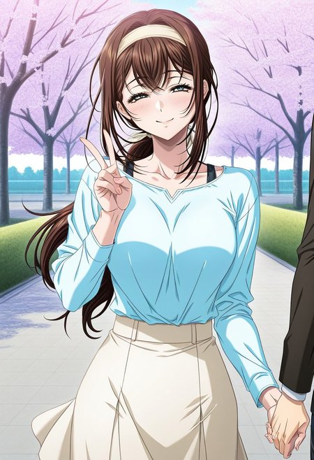masterpiece, best quality, newest, highres, uncensored, 1girl, yokota mamoru style,1girl, slender face，motion lines,blush,torogao,looking at the viewer,seductive smile
Asai Sayaka,Brown Hair, Ponytail,Blue Eyes,Medium Breasts, Slim,long hair
1girl,solo
1girl, 1boy, family, cherry blossoms, closed eyes, tree, hairband, v, skirt, holding hands, smile, blue eyes, outdoors, long hair, blush, yellow eyes, long sleeves