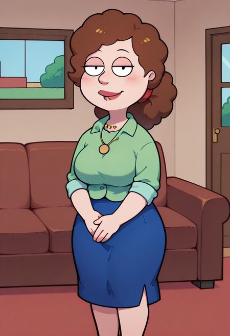 score_9, score_8_up, score_7_up, score_6_up, high quality, rounded eyes, style parody, cartoon style, 1girl, solo, living room, couch, indoors,
BREAK
unnamed girl, brown hair, black eyes, (mature female:1.5), (plump:1.2), large breasts, gigantic hips, green sweater, rolled up sleeves, blue skirt, stockings, own hand together, blush, smile, looking at viewer, long skirt, half-closed eyes, necklace,