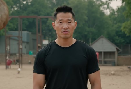(((The man whose face is htkangface is standing alone))), (((solo))), east Asian face, daddy, natural face expression,   Photorealistic, realistic, masterpiece, intricate details, detailed background, depth of field, photo of a handsome, dynamic pose, natural face expression, high detail, high quality, Movie Still, Film Still, Cinematic, Cinematic Shot, Cinematic Lighting, ring, (((pectoral))), (((virility))),  4k, highly detailed . 35mm photograph, film, masterpiece, 4k,professional, 4k, highly detailed,  ((big remarkable nipples)), (((covered nipples))), ((huge nipples)),(((sweaty))),  (((in playground))),   (((wearing black tshirt and pants))),  sweaty, Showing off muscle, close up portrait, ((The man looks horney. He is panting))