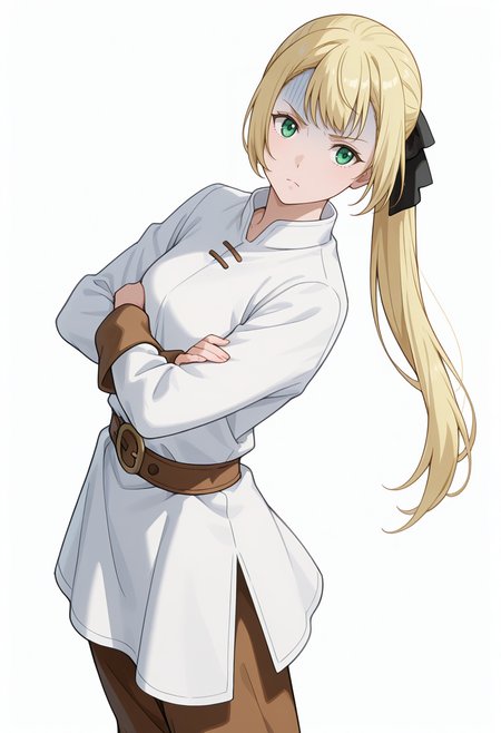 Smooth Quality,masterpiece,very intricate, high quality details, ultra realistic, high detailed skin,detailed enviorement,absurdres,
simple background, white background, 
sideways,standing, arms crossed, head tilt, serious, balanced stance, confident,  ,turn pale,
tunic,  ,peacoat,  ,flared pants,  ,
 <lora:Rituscnn:0.8> rituscnn, 1girl, blonde hair, green eyes, long hair, ponytail,