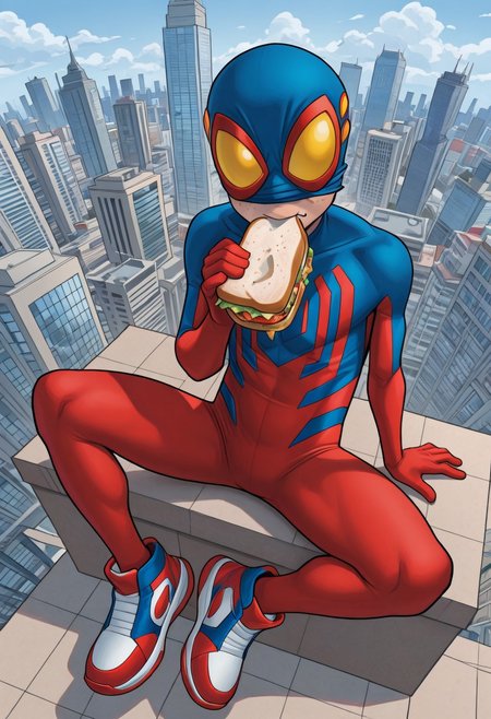 1boy, male focus, cute boy, BaileyBriggs, Mask, Yellow Eyes, Spiderboy Costume, Two-tone Bodysuit, Red Bodysuit, Blue Bodysuit, Red Blue Sneakers, cinematic, intricately detailed illustration, depth of field, masterpiece, best quality, amazing quality, very aesthetic, absurdres, newest, very awa, shadow, dynamic angle, casual cosplay, sitting on rooftop, skyscraper,  city skyline, eating a sandwich, maskLiftConcept, Mask above nose, freckles