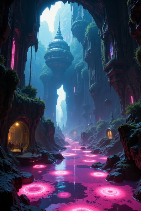 with pools of glowing water, with intricate textures and vibrant colors. The scene should include a rich variety of elements, each contributing to the overall atmosphere. Lighting should be soft, diffused, and natural, enhancing the depth and realism of the scene. The mood is to be calm yet vibrant, creating a sense of serenity and wonder. Every detail in the scene should be meticulously rendered, emphasizing the contrast between light and shadow, and capturing the fine textures and subtle gradients. The color palette should be carefully chosen to evoke emotion, with each hue enhancing the aesthetic appeal of the overall composition. The final image should be immersive and captivating, drawing the viewer into its intricately detailed world.