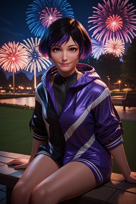 score_9, score_8_up, score_7_up, 
<lora:TKReina:0.8>
TKReina, 1girl, black hair, purple hair, multicolored hair, short hair, looking at viewer, sitting, at night, fireworks, park, looking up, smile