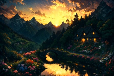 Imagine a serene landscape set during the golden hour, with the sun casting its warm glow over a picturesque village nestled in the rolling hills of the countryside. In the foreground, a crystal-clear stream meanders through lush green fields dotted with wildflowers of every hue, reflecting the vibrant colors of the sky as day transitions to evening. An ancient stone bridge spans the stream, leading to the village where quaint cottages with thatched roofs and flowering vines climbing up their walls emit a welcoming glow from their windows. In the distance, majestic mountains stand guard, their peaks just catching the last light of the sun. This tranquil scene is alive with the sounds of nature: the gentle flow of water, the soft rustle of leaves in the breeze, and the distant call of birds heading home. The whole composition invites the viewer into a timeless moment of peace and beauty, untouched by the rush of modern life. <lora:Lost_In_Dreams:0.7> <lora:xl_more_art-full_v1:0.6>, (masterpiece:1.2), best quality, (hyperdetailed, highest detailed:1.2), high resolution textures