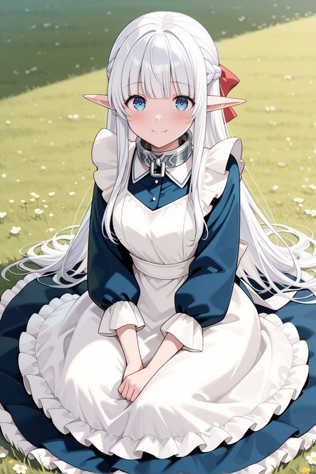 masterpiece, best quality, very aesthetic, absurdres, ultra-detailed, highly detailed,  shiny skin, wind lift, blush, (long dress:1.2),   full body, 
meadow, wind, outdoors, smile, looking at viewer, sitting, on grass, 
<lora:Nephelia-08:1> nephelia, 1girl, long hair, white hair, braid, pointy ears, french braid, elf, blue eyes, ribbon, apron, sidelocks, dress, bow, hair ribbon, maid, hair bow, frills, blunt bangs, blue dress, white apron, collar, red bow, metal collar,
<lora:illustrious_noobai_epsilon_pred_11_very_aesthetic_v1_1029791:1>
(lazypos:0.7)