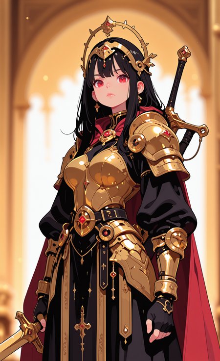 masterpiece,best quality,amazing quality, 1girl, solo, long hair, breasts, looking at viewer, black hair, gloves, red eyes, dress, holding, closed mouth, jewelry, weapon, sword, fingerless gloves, holding weapon, blurry, cape, armor, lips, blurry background, shoulder armor, gold trim, pauldrons, red cape, headpiece, armored dress, weapon on back, gold, haiz_ai, in the style of cknc,
Flatline, Flat vector illustration <lora:ponyv6_noobE11_2_adamW-000017:0.3> <lora:checkpoint-e18_s306:1.5> <lora:ck-nc-cyberpunk-IL-000011:0.6> <lora:haiz_ai_illu:0.7>