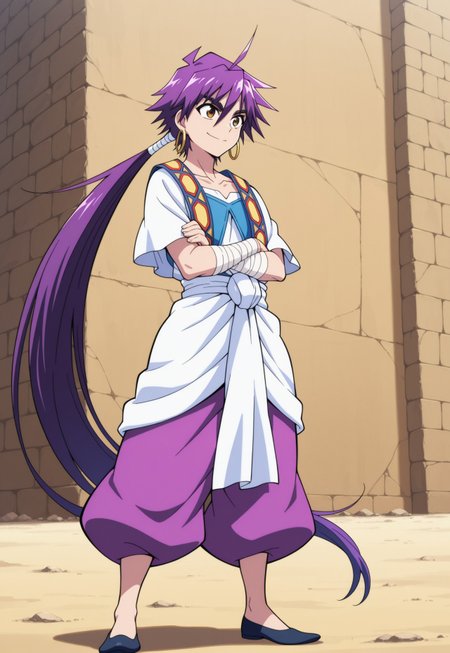 masterpiece,best quality,amazing quality, source_anime, 

Shindobaddo, 1boy, male focus, solo, brown eyes, purple hair, long hair, ponytail, hoop earrings, arabian clothes, collarbone, shirt, white shirt, short sleeves, wide sleeves, vest, blue vest, bandaged arm, puffy pants, purple pants, pelvic curtain, shoes, outdoor, crossed arms, smile,