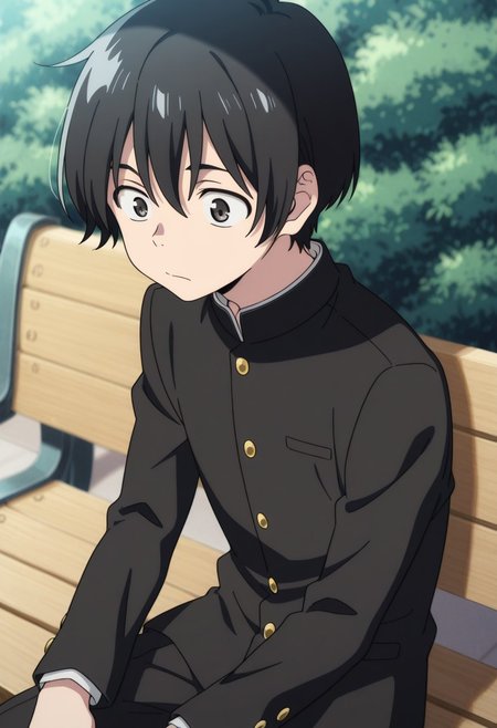 masterpiece,best quality,amazing quality, source_anime, 
MioChibana, 1boy, male focus, solo, black eyes, black hair, short hair, school uniform, gakuran, jacket, black jacket, buttons, bench, sitting,