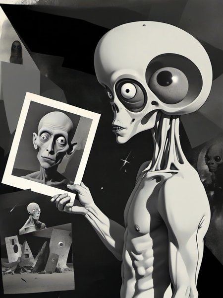 photo of a (prehistoric man) who is (holding) a (portrait of a gray alien), de-constructed image, assemblage, de-construction art, exploded view, geometric background, hd-details, deda style by Hannah Höch, Max Ernst, Man Ray, <lora:DeconDada-000008:0.5>