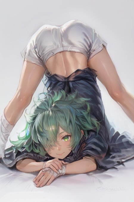 score_9, score_8_up, score_7_up, score_6_up, score_5_up, source anime, small breasts, looking at viewer,  solo, <lora:Kolulu_Granblue_Fantasy:0.8> , kolulu \(granblue_fantasy\), koluludef, (dark skin), green hair, green eyes, long hair, bandages, hair over one eye, (cloak), midriff, shorts, living room, smile, <lora:hand 4:0.7> , Hand, hands, perfect hands, <lora:2024_PandoraBox_V1:1> , P4ndora_PS, ANM_PluS, <lora:jack-o_challenge_pony:1> , jack-o'_challenge, top-down_bottom-up, meme, spread_legs, from behind, ass, feet out of frame,