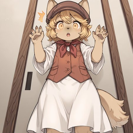 masterpiece, best quality, (absurdres), (highest quality), amazing quality, very aesthetic, no humans,
BREAK, <lora:Mei_Marzipan_Illustrious_V1:1>, mei marzipan, fuga: melodies of steel, kemono, furry female, 1girl, child, beige fur, blonde hair, yellow eyes, dog girl, animal ears, dog tail, dog ears,
BREAK, fuga 2 outfit, dress, red scarf, vest, hat,
BREAK, close-up, sunny, outside, standing, :o, surprised, low angle view, looking at viewer,