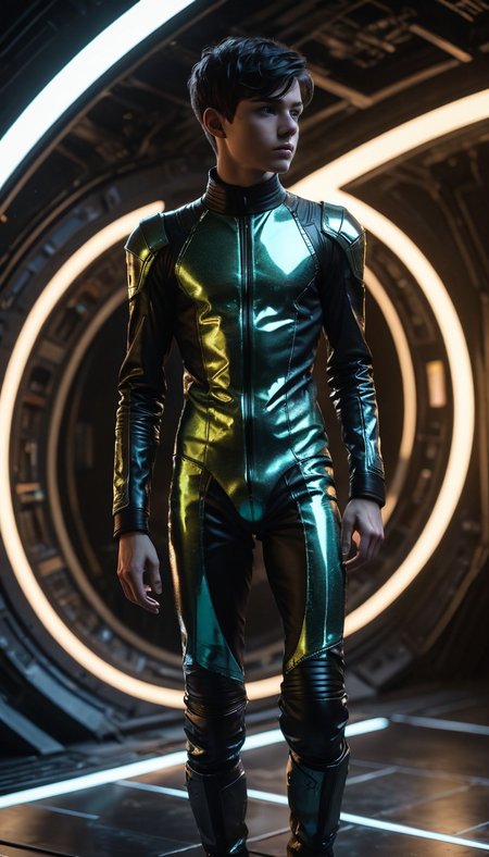 scifi full body masterpiece, 19yo twink, tight iridescent outfit, detailed face, short dirty black hair, (Chiaroscuro, Filmgrain, Cinematic LUT), by Syd Mead and Rembrandt, Space and Eclipse, <lora:sdxl_lightning_8step_lora:1>