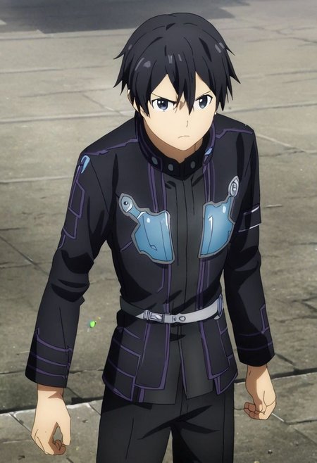 high resolution, professional photography, solo, best quality, 1Boy, Kazuto Kirigaya, Black Hair, Black Eyes, dystopia, black jacket, black shirt, serious looking, black pants, armor, dark fantasy, OverallDetail