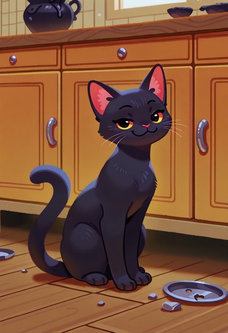 (masterpiece, best quality, high quality, highres), very awa, highres, absurdres, detailed, intricate,
pikaole, cute,
no humans, solo, full body, animal focus, 
black cat sitting on a table, arrogant, smug, looking at viewer, broken vase on the floor,
cozy kitchen background,  indoors,