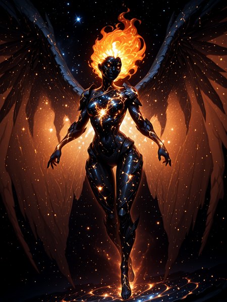 masterpiece, amazing quality, best quality, ultra-detailed, 8K, ultra-detailed-eyes, newest, highres, absurdres, volumetric lighting, raytracing, soft lighting, bloom effect, glow, shining, intricate cinematic background, <lora:SpaceGoddess:1> sp4ce-g0dd3ss,  <lora:Glowing_Hair:1> h41rgl0w, glowing hair, orange hair, (dynamic pose, dynamic angle), large wings, 
constellations, light, darkness, shadow, ice, silhouette, 1girl, solo, serious , orange aura, nebula, space, stars, black armor, black skin, glowing veins,  <lora:The_Alphabet_Style_-_Illustrious:1> th3-4lph4b3t-t4g, <lora:reij-rt:1> <lora:spo_sdxl_10ep_4k-data_lora_webui:1>