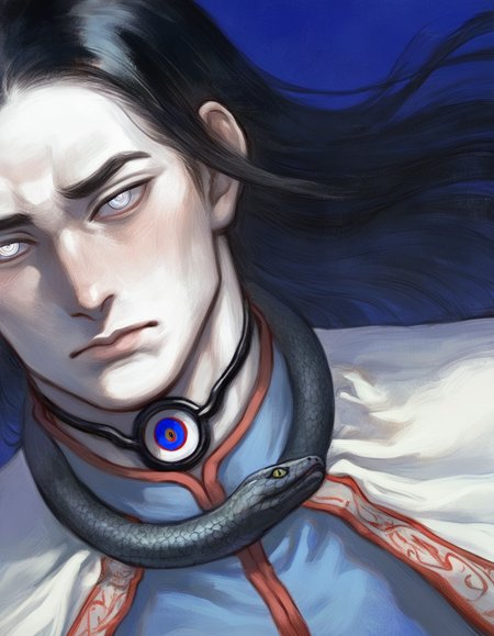 bara, manly, 1boy, black hair, blue background, blue eyes, blush, cape, close-up, closed mouth, head only, high collar, short hair, looking ahead, looking at viewer, multicolored eyes, nose, pale skin, pink lips, portrait, ringed eyes, simple background, snake choker, solo, straight hair, white cape, white eyes<lora:eps_nat:1>