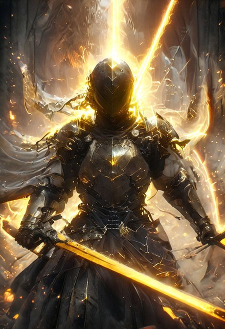 1man, Cyborg Samuraii in golden samurai armor, wearing samurai helmet and armor,  golden fire, wielding dual swords:1.2, brave perspective, reflection, glowing golden fire, golden lightning shatter, , glowing sword, motion blur, emphasis line, outdoor in the darkness, looking at viewer, katanas
