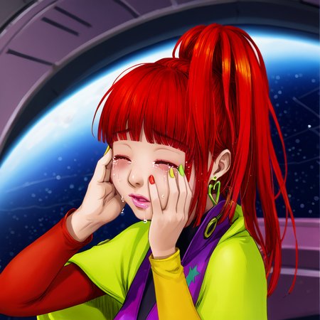 best quality, masterpiece, official artwork, (realistic:0.35), 1girl, solo, sq,  red hair, jewelry, earrings, purple eyes, lips, nail polish, makeup, long hair, ponytail, spaceship room, crying, eyes closed, one hand on face