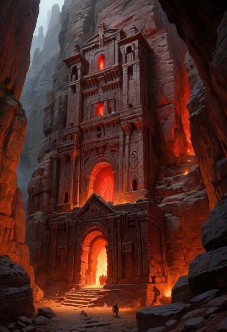 oil painting, fantasy, rpg, a massive creepy keep built into a cliffside, somewhat like Petra but scarier, dark evil runes glow red along the stonework, statues to the glood god engraved in the cliff, frightening environment from horror fantasy, 
 <lora:add-detail-xl:1.8>, highly detailed, Extremely high-resolution details, fine texture, darkness