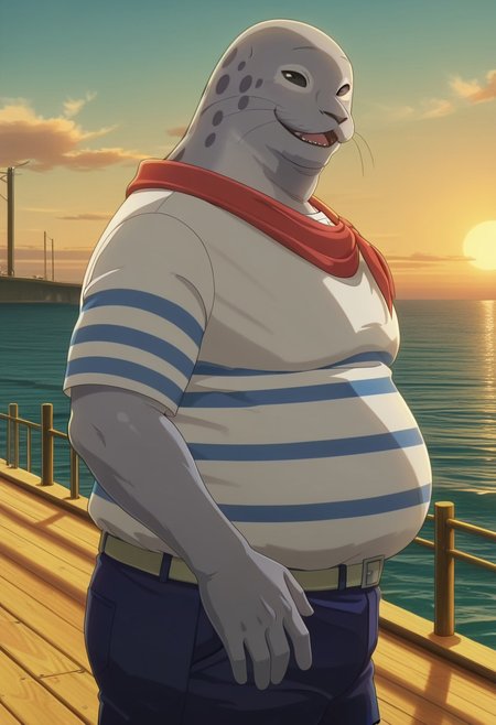 high quality, detailed, male, solo male, Sagwan, 1boy, mature male, anthro, spotted seal, light gray body, fat, big belly, dark gray sclera, black eyes, beastars, looking at viewer, smiling, outdoors, standing, ocean, dock, white and blue striped shirt, red neckerchief, dark blue shorts, half body, volumetric lighting, masterpiece