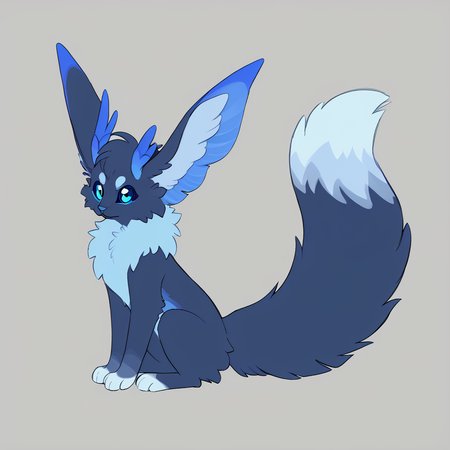 <lora:thehollyraven:1> blue fur, multicolored eyes, head wings, colored sclera, fluffy tail