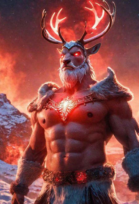 Humanoid raging Reindeer, red team, glowing, vivid, extremely beautiful glowing piercing eyes, cinematic scene, hero view, action pose, scenery, detailed background, masterpiece, best quality, high quality, absurdres  <lora:AI_Overlord_Santas_-_The_Green_Team_LoRA:1>