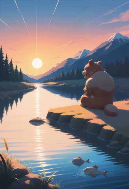 masterpiece,best quality,amazing quality, 1boy, solo,  luna, pokemon (creature), sitting, river, fish, happy,

sunshine,