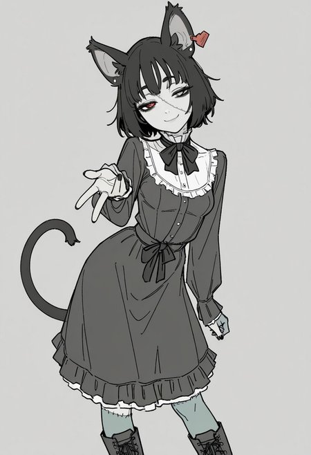 safe_pos, masterpiece, best quality, amazing quality, tfaix, solo, 1girl, black nails, hand close up, foreshortening, reaching towards viewer, contrapposto, narrow waist,  head tilt, smug, closed mouth, narrowed eyes, half-closed eyes, small breasts, (flat color, monochrome, greyscale:1.2), (norakura \(nr kura\), sketch, lineart, in style of fujimoto tatsuki \(style\):1.25), selfie, 3cto, patchwork skin, stitches, animal ears, ear tag, heterochromia, black tail, frilled dress, bowtie, boots