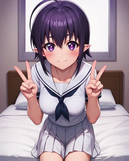 score_9, score_8_up, score_7_up, highres, hi res, best quality, masterpiece, 2d, intricate details, 4k, anime coloring, uncensored,
1girl, solo, female, blush, smile, short hair, black hair, hair between eyes, purple eyes, ahoge, purple hair, pointy ears, 
breasts, medium breasts, 
school uniform, serafuku, sailor collar, sailor fuku, white sailor collar, white shirt, white skirt,
sitting, leaning forward, upper body, looking at viewer, facing viewer, arms behind back, double v, v sign,
indoors, bedroom, on bed, <lora:Guri1024_Pony:1>, guri, ren'ai boukun,